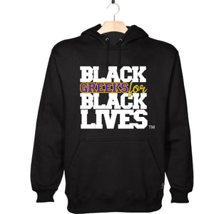 black 100% organic cotton hooded sweatshirt hoodie "Black Greeks for Black Lives" omega psi phi paraphernalia apparel
