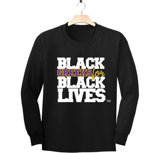 black 100% organic cotton long sleeve t-shirt "Black Greeks for Black Lives" omega psi phi paraphernalia apparel