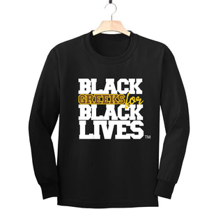 black 100% organic cotton long sleeve t-shirt "Black Greeks for Black Lives" iota phi theta paraphernalia apparel